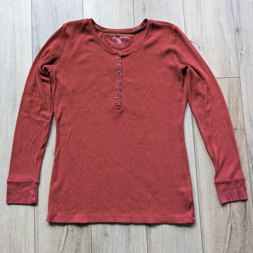 Eddie Bauer Henley Thermal Shirt Womens XL Red Long Sleeve Waffle Knit Top